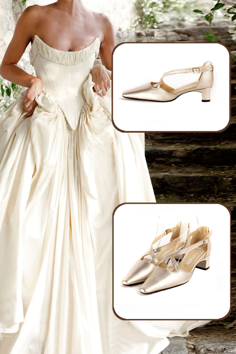 Dress heels closed-back crossed straps in gold leather with kitten heels and tapered toe - Worn view